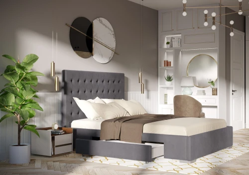 Łóżko 180x200 Tapicerowane Pesaro + 2 Szuflady Welur Szare || Outlet K116