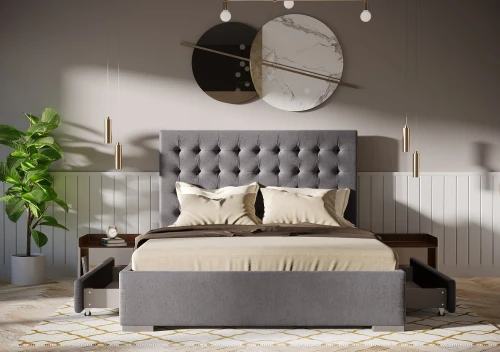 Łóżko 180x200 Tapicerowane Pesaro + 2 Szuflady Welur Szare || Outlet K116