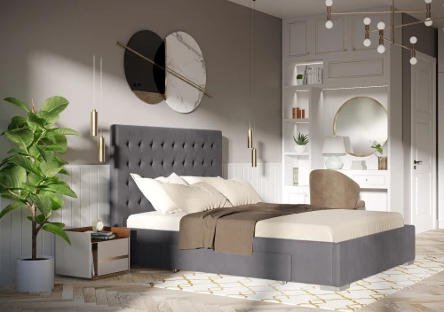 Łóżko 180x200 Tapicerowane Pesaro + 2 Szuflady Welur Szare || Outlet K116