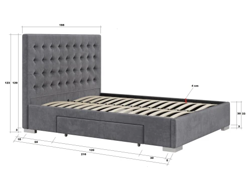 Łóżko 180x200 Tapicerowane Pesaro + 2 Szuflady Welur Szare || Outlet K116