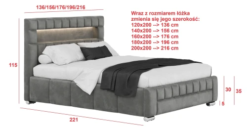 Łóżko tapicerowane z pojemnikiem Rosarno + LED 