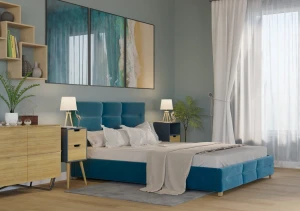 Łóżko 180x200 Tapicerowane Bergamo Welur Lazurowe + Pojemnik + Flizelina
