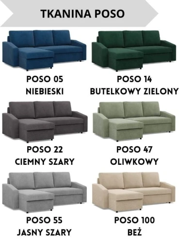 Narożnik NUORO ścięty bok - Funkcja Spania | 2 Pojemniki | Kolory do wyboru