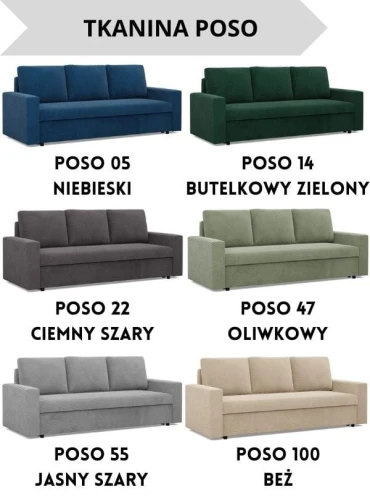 Kanapa NUORO  3-osobowa Prosty Bok - Funkcja Spania | Pojemnik | Kolory do wyboru