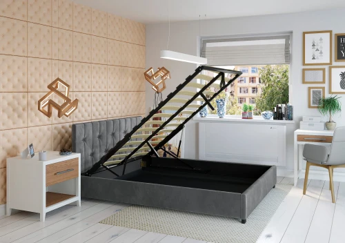 Łóżko 140x200 Tapicerowane Modena + Pojemnik Welur Ciemno Szare (Outlet K-161)
