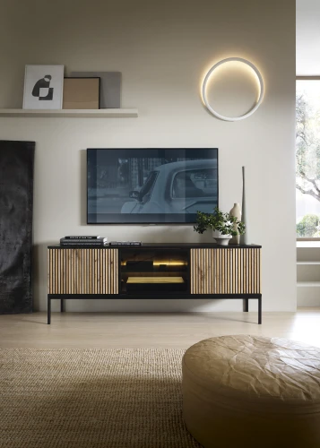 Szafka RTV154 SENTO  LED| Cashmere I Czarny /Dąb Wotan   