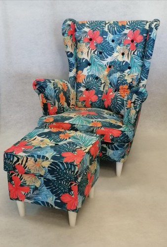 Fotel Skandynawski W Kwiaty Uszak 7 + Podnóżek Dostawa 0Zł