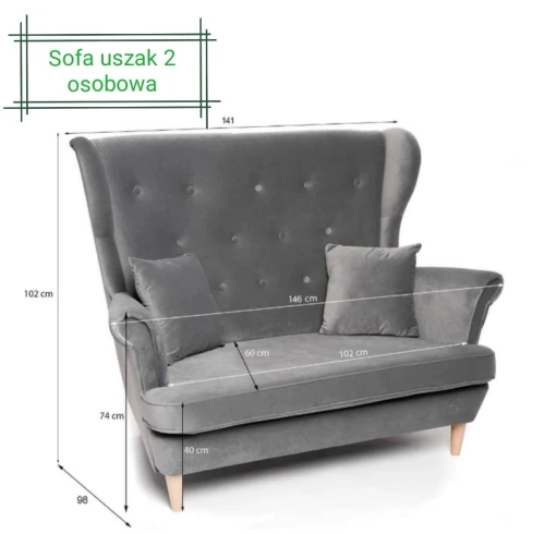 Sofa Skandynawska Uszak 2-Osobowa - Kolory I Tkaniny Do Wyboru 