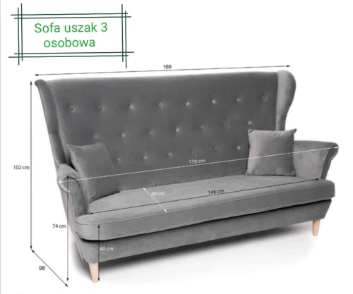 Sofa Skandynawska Uszak 3-Osobowa - Kolory I Tkaniny Do Wyboru 
