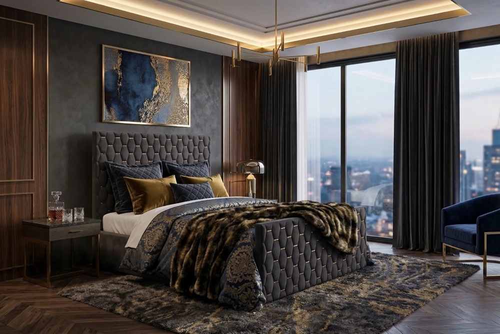 Aranżacja nowoczesnej sypialni premium z grafitowym łóżkiem tapicerowanym BiG Meble i widokiem na miasto.